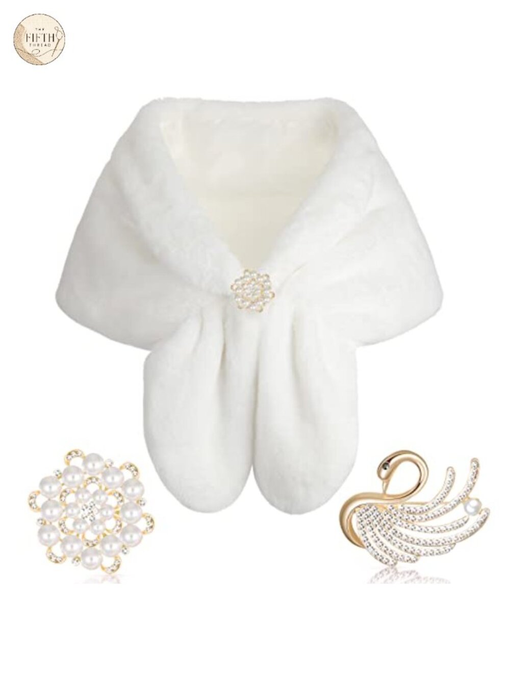 Faux Fur Shawl Wrap Women Wedding Stole Shrug with 2 Pearl Rhinestone Brooches